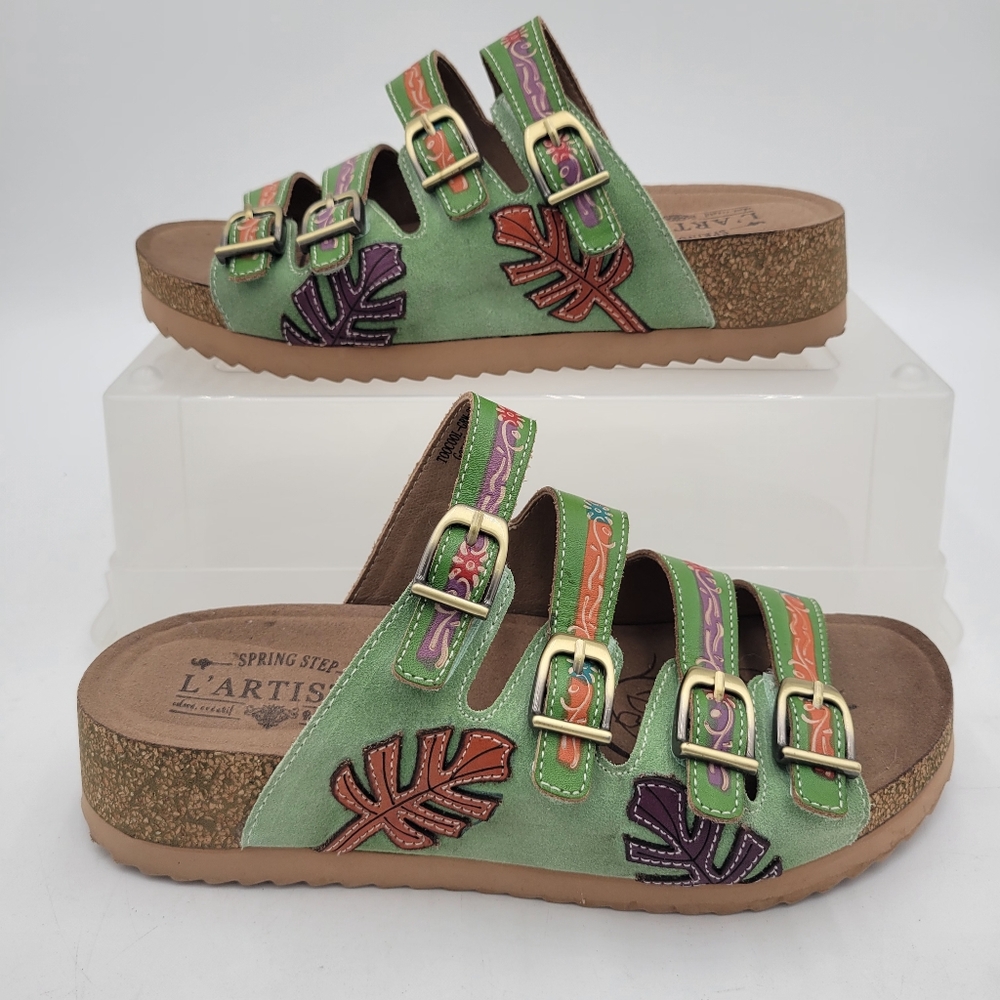 L'artise Spring Step Too Cool Green Sandals Size 39/8.5 Hook and Loop Leather - Picture 4 of 9